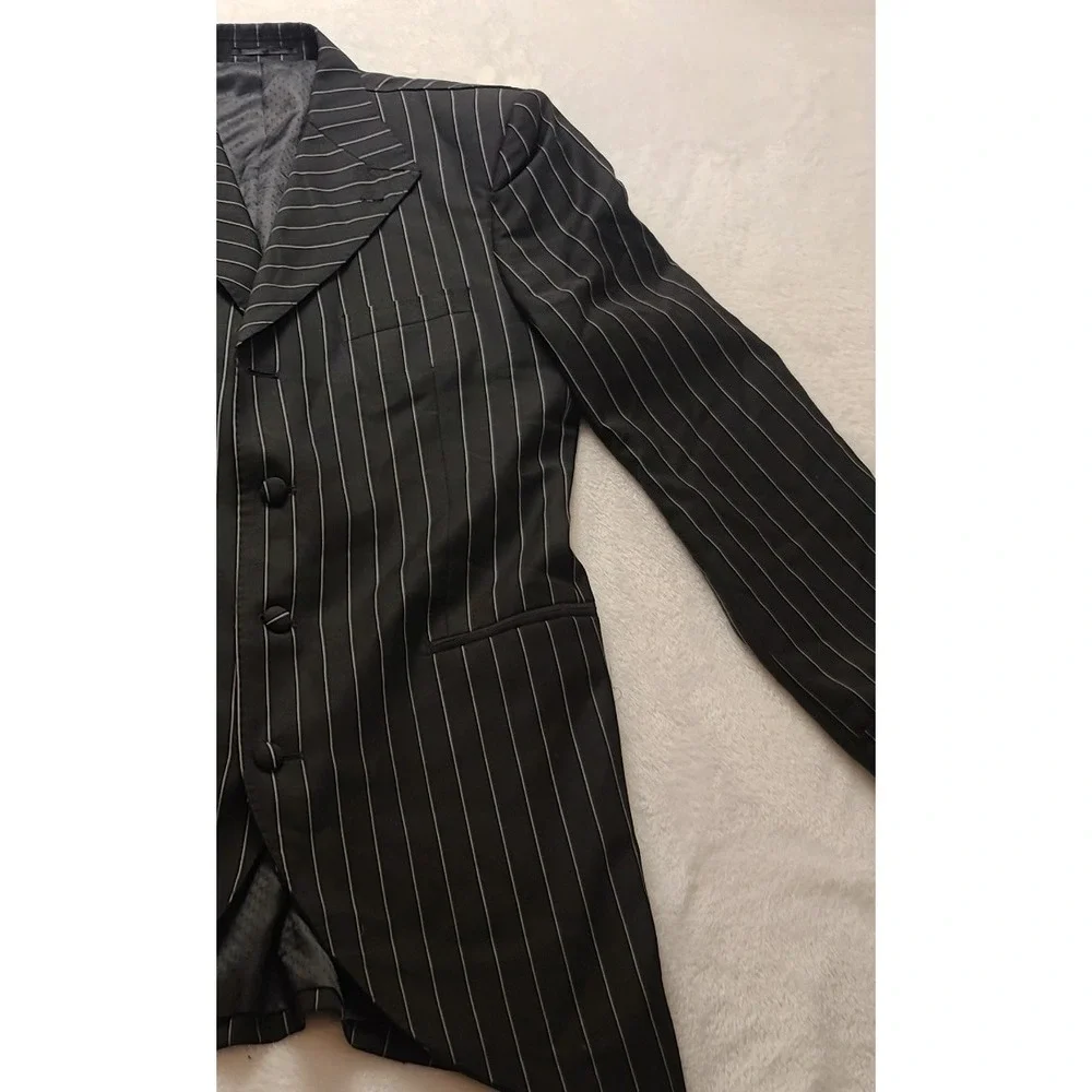 Men's Black Pinstripe Three Button Tailored Blazer Suit Jacket Vertical Stripe